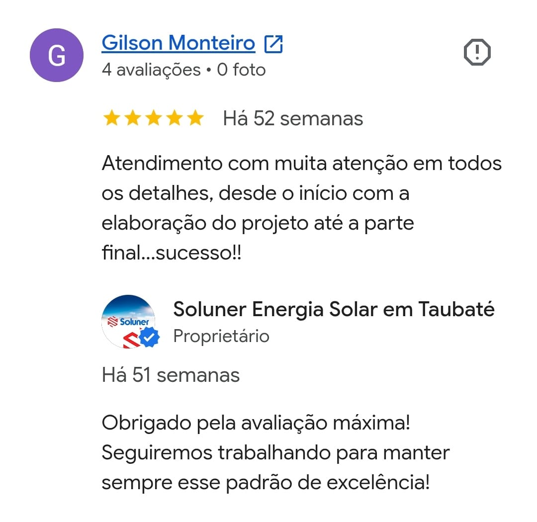 Avaliação 5 estrelas de Gilson Monteiro para a Soluner.