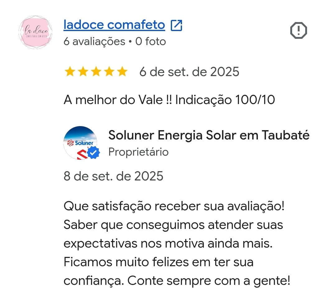 Avaliação 5 estrelas de ladoce comafeto para a Soluner.