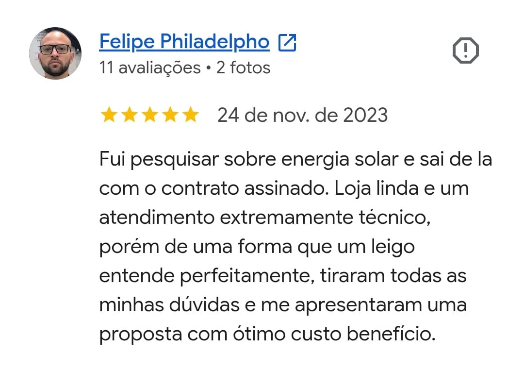 Avaliação 5 estrelas de Felipe Philadelpho para a Soluner.